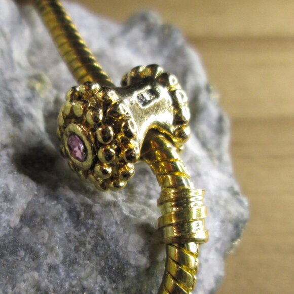 Double Ended Beaded Gold Plated Sterling Silver European Charm with Pink Crystal - Picture 5 of 9